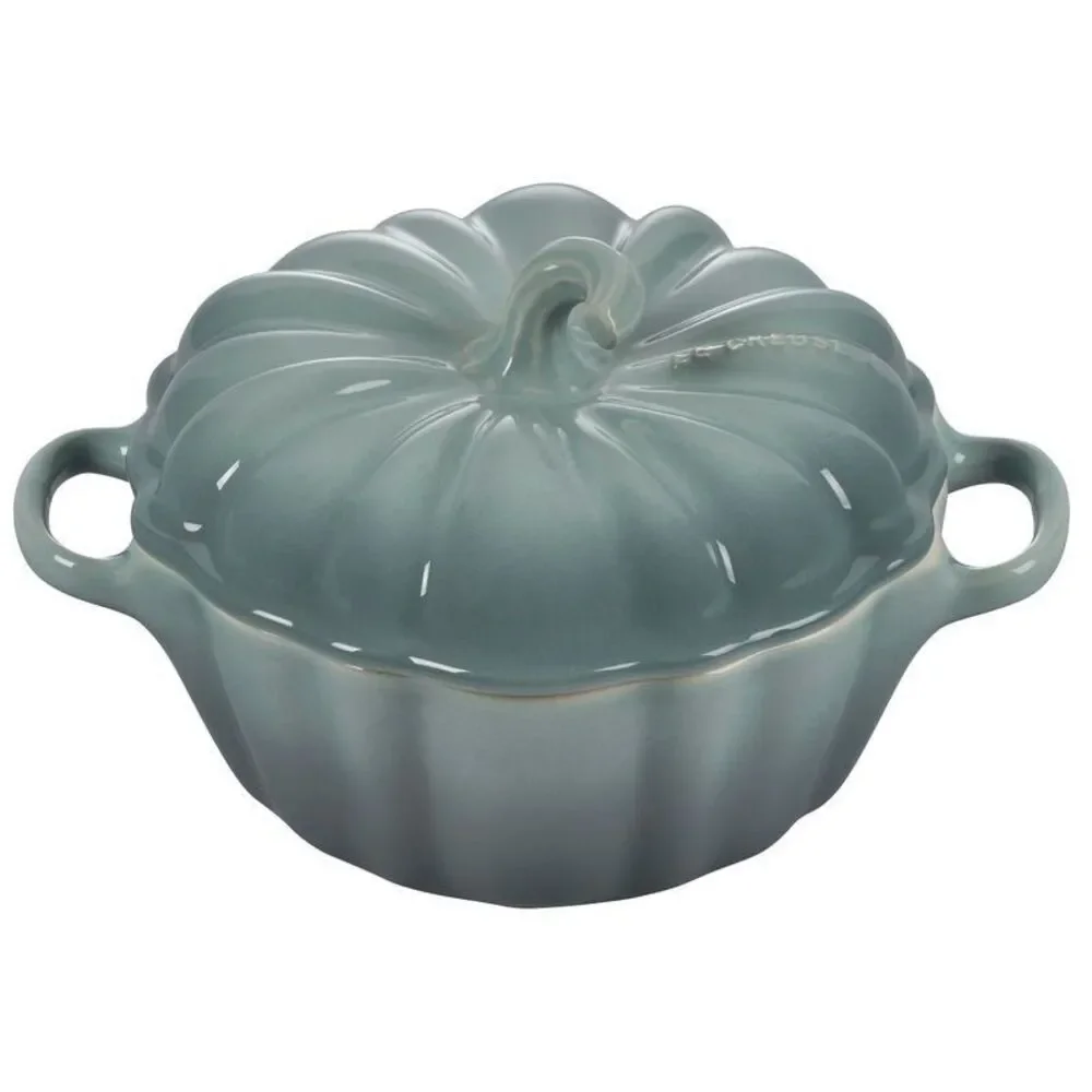 Le Creuset Stoneware Figural Pumpkin Mini Cocotte 12 oz Sea Salt Green NEW NIB
